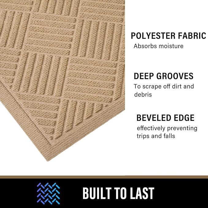 PLEASOR Front Door Mat Outside Entrance, Dirt Resistant and Absorbent Welcome Door Mat Outdoor Indoor, Sturdy Non-Slip Backing Entry Mat, Fade Resistant, Low Profile Doormat for Entryway, 36x24,Beige