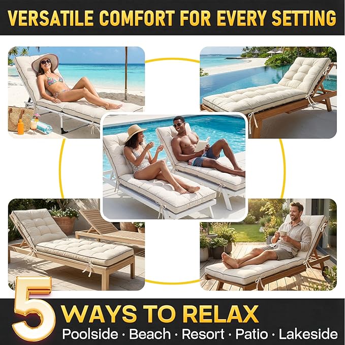 2 Pack 72x21 Inch Folding Chaise Lounge Cushion Quick Dry - Outdoor Sun Lounger Seat Pad with Shredded Foam for Patio Furniture, Deck Chairs, Poolside (Cream, 72 INCH × 21 INCH-2 Pack)