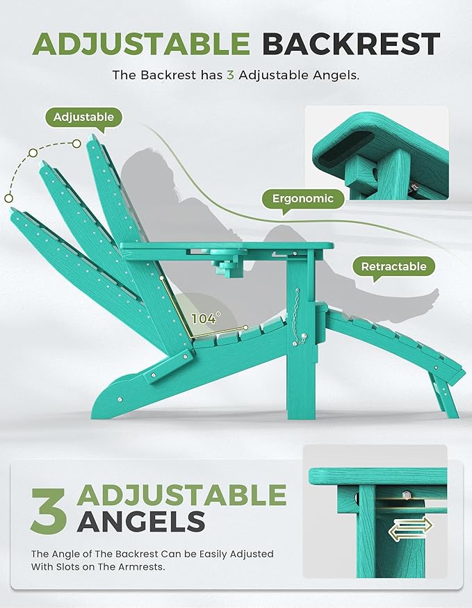 Ciokea Folding Adirondack Chair Set of 4 with Retractable Ottoman Fire Pit Patio Chair with Pull Out Foot Rest Weather Resistant Lawn Outdoor Chair with 2 Cup Holder (Lake Blue)