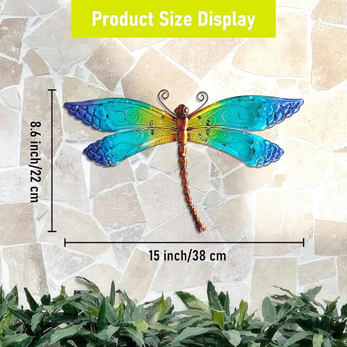 Handmade Metal Dragonfly Wall Decor - Outdoor Garden Fence Art - 15" Rustic Scenic Wall Art for Patio, Bedroom, Bathroom Vivid Hanging Decoration is an ideal Gift for a Father, Mother, and Grandmother