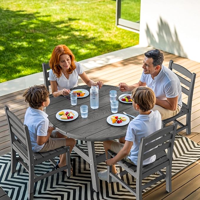 Pamapic 5 PCS Round Outdoor Dining Set, HDPE Outdoor Table and Chairs with 105° Ergonomic Backrest, Wood Grain Patio Dining Table with Umbrella Hole, Gray