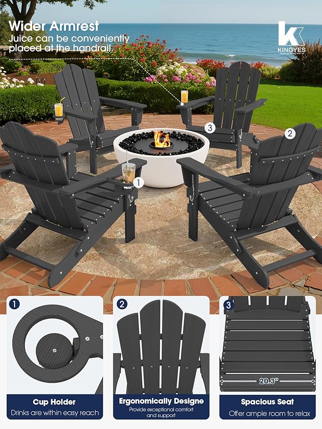 KINGYES Folding Adirondack Chair, HDPE All-Weather Patio Chairs with Cup Holder, Wooden Textured Fire Pit Chairs for Poolside, Backyard, Deck, Grey