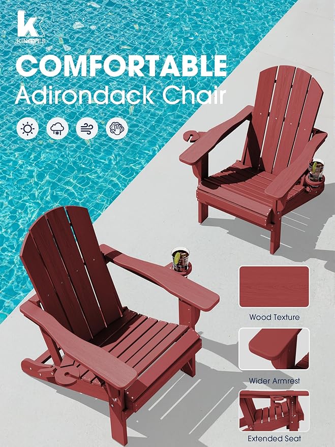 KINGYES Folding Adirondack Chair Set of 2, Dual Cup Holders & All-Weather HDPE, Wood-Like Patio Chair for Backyard, Camping, Pool & Fire Pit, Dark Red