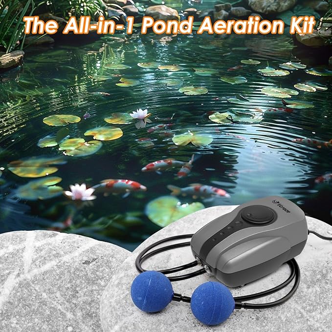 Pond Aerator Pump Pond Aeration Kit with Check Valves Air Stones Airline Tubing, All-in-1 Pond Air Pumps for Outdoor Ponds up to 1000 Gallon