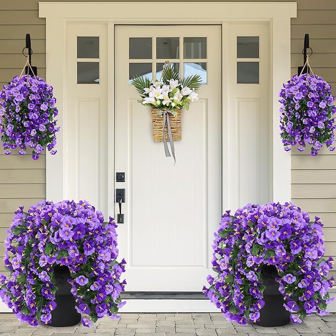 Sggvecsy Artificial Fake Hanging Flowers Plants Outdoor Outside Spring Summer Decoration 4PCS Faux Silk UV Resistant Morning Glory Trailing Vines for Home Porch Patio Balcony(Purple & Light Purple)