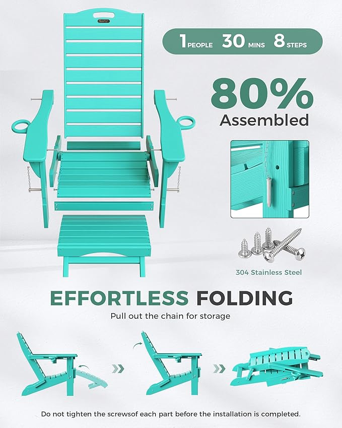 Folding Adirondack Chairs Set of 4,Adirondack Chair with Retractable Ottoman,Plastic Adirondack Chairs with 2 Cup Holder,Weather Resistant Patio Chair,Outdoor Chairs Set of 4(Lake Blue)
