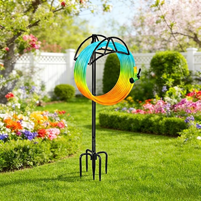 Gtongoko Garden Hose Holder with Upgrade 5 Prongs Base Freestanding Water Hose Holders for Outside Holds 150ft Hose Heavy Duty Metal Hose Hanger Sturdy Detachable Hose Stand Organizer Yard Black