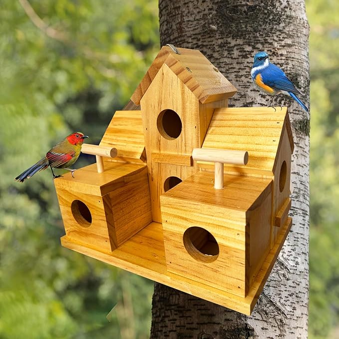 Bird Houses for Outside Clearance, Large Bird House for 6 Bird Families Finch Cardinals Wooden Hanging Birdhouses for Outdoors Garden, Bluebird House Hummingbird Houses