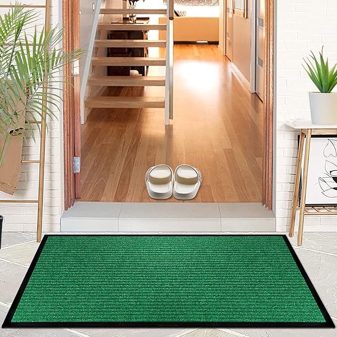 LuxUrux Striped Green Door Mat - Heavy Duty, Indoor/Outdoor, Easy Clean, Waterproof, Low-Profile (24'' x 16'') - Ideal for Entry, Patio, Garage - Durable Solution for High Traffic Entrance Ways
