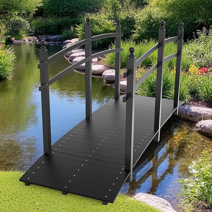 VINGLI Garden Bridge, Classic Wooden Bridge with Safety Rails, Decorative Arhced Footbridge for Patio Pond, Creek, Pathway (Black, 7.5 ft)
