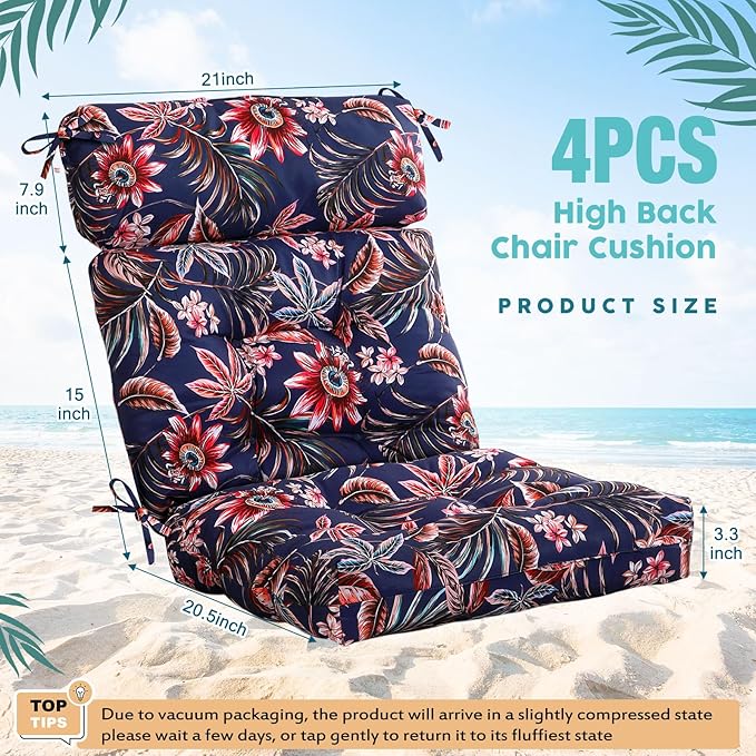 Barydat 4 Pcs Tufted High Back Chair Cushion Indoor Outdoor Seat and Back Cushions Palm Leaves Tropical Plants Lawn Rocking Chair Pads with Ties for Adirondack Patio Garden(Bright Style)