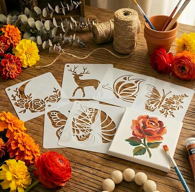 72 PCS Flower Stencils for Painting, Stencils for Crafts Reusable 3 x 3 Inch Floral Butterfly Bee Templates for Journals Rocks Gift Bags and Mini Canvas