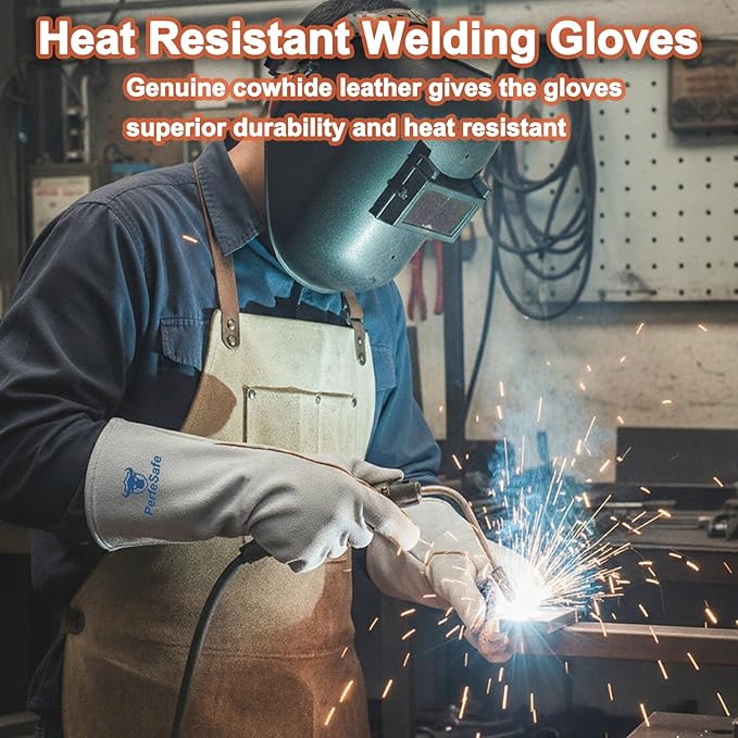 Welding Gloves 14 Inches, Heat Resistant 932℉ Leather Welding Gloves for MIG, TIG, Stick, Long Sleeve Grill Gloves for Welding, Fireplace, BBQ, Oven, Furnace, Wood Stove, Animal Handling