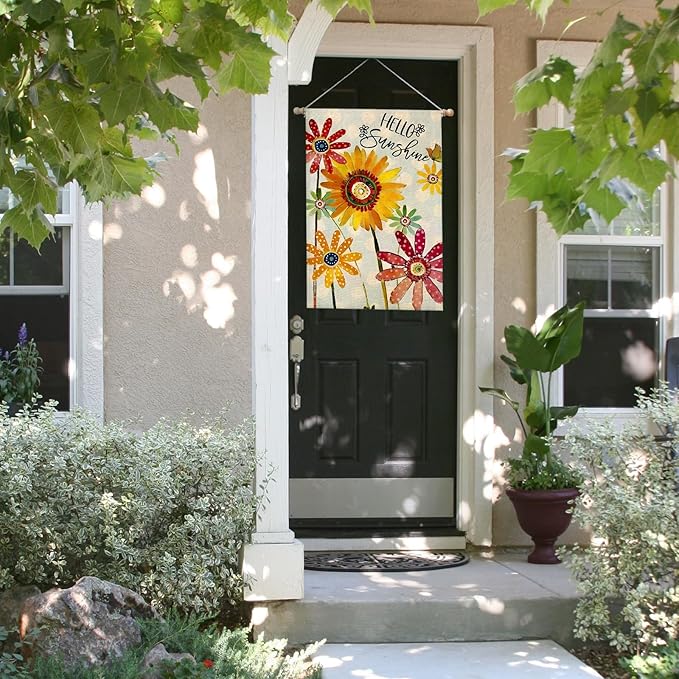 Spring Flowers House Flags for Outdoor, Hello Sunshine Sunflower Daisy Yard Flags for Outside,Summer Seasonal Decorative Flag for Farmhouse Holiday Decoration 28x40 Inch Double Sided