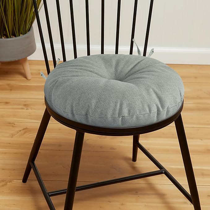 Magpie Fabrics Outdoor 15"x15"x4" Round Bistro Seat Cushions with Ties Set of 2, Tufted Waterproof Patio Floor Chair Pads for Home Garden Balcony Kitchen Office Porch, Grey