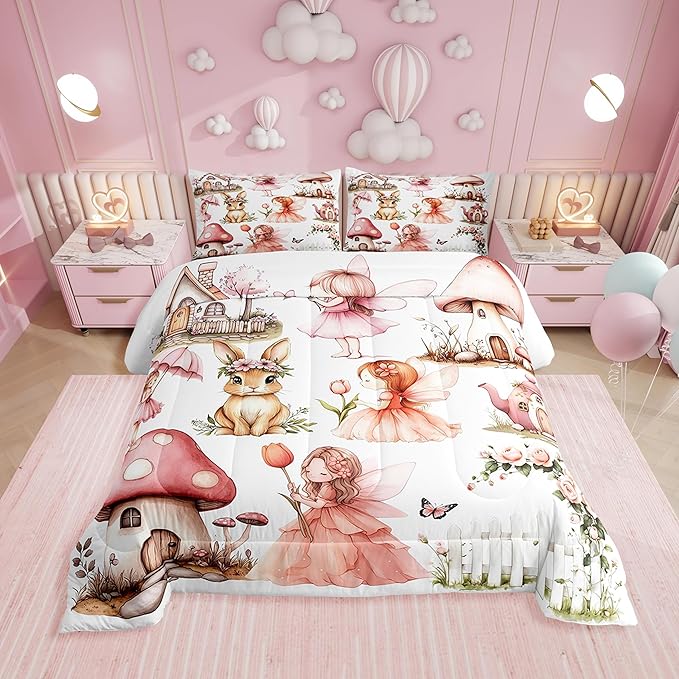 Erosebridal Pink Fairy Garden King Bedding Set - Mushroom Floral Comforter Set for Girls Kids, Butterfly Flower Bunny Quilt | Kawaii Fairies Girly Bedroom Decor with 2 Pillowcases