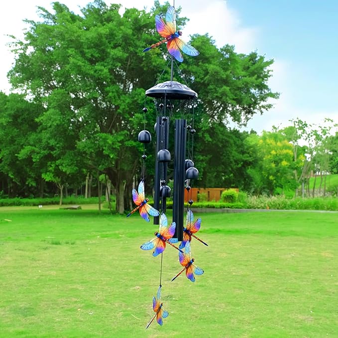 Dragonfly Wind Chimes for Outside, Black Metal Windchimes Outdoors, Dragonflies Gifts for Women/Men, Garden/Yard Decor, Memorial/Birthday Gifts for Grandma/Mom, Durable Chimes for Outdoors
