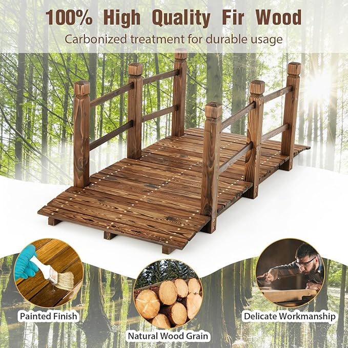 Giantex 5 ft Garden Bridge - Stained Wood Arc Footbridge Walkway with Side Railings, Decorative Wooden Bridge Landscaping for Backyard Farm Garden Creek Pond Decor, Easy to Assemble (Stained Brown)