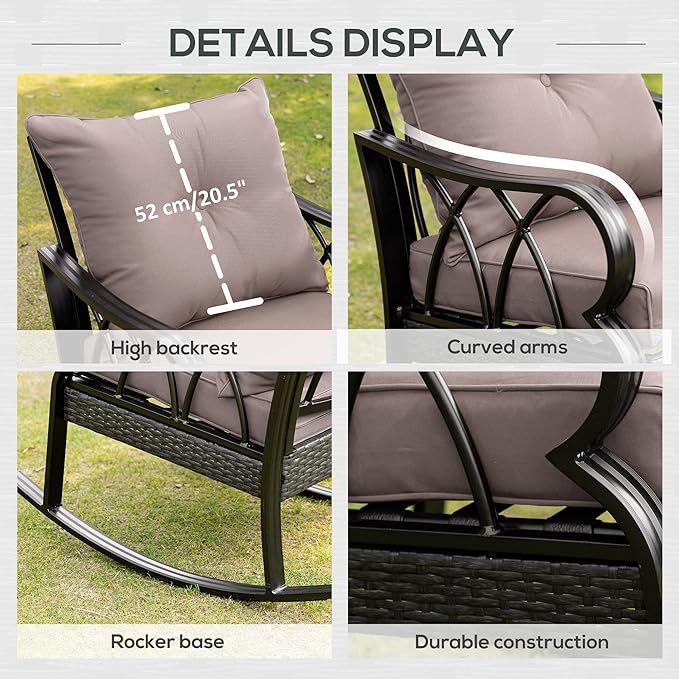 Outsunny 2 Piece Outdoor Wicker Rocking Chairs with Padded Cushions, Aluminum Furniture Rattan Porch Rocker Chairs w/Armrest for Garden, Patio, and Backyard, Gray