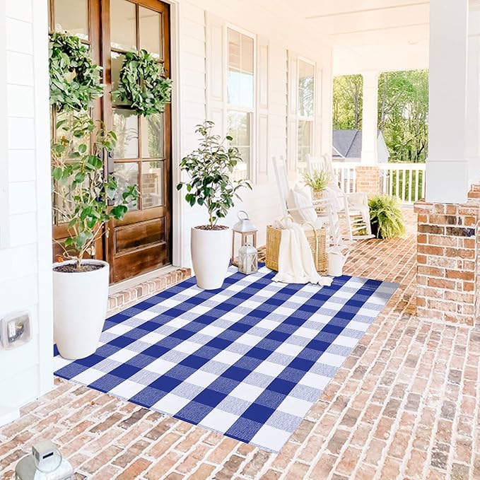 SEEKSEE Cotton Buffalo Plaid Rug 4'x6' Blue and White Hand Woven Checked Rug Washable Doormats Indoor Outdoor Rugs for Layered Front Door Mats, Porch, Kitchen, Farmhouse, Entryway