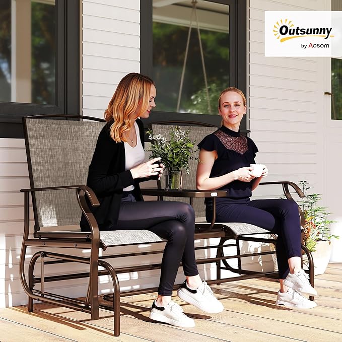 Outsunny Outdoor Glider Bench with Center Table, Metal Frame Patio Loveseat with Breathable Mesh Fabric and Armrests for Backyard Garden Porch, Brown