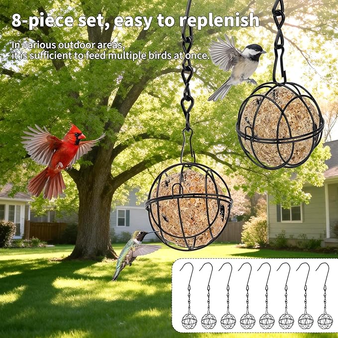 8 Pcs Black Metal Hummingbird Feeders - Squirrel Proof Round Suet Ball Feeders for Outdoor Hanging, Bird Watching Gifts for Wild Birds Garden Window