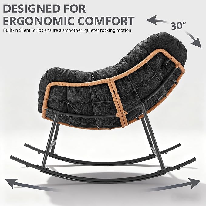 Outdoor Rocking Chair, Oversized Papasan Reading Chair Indoor with Thick Cushion, Comfy Rattan Rocker Egg Chair for Patio, Garden, Balcony, Lawn, Backyard, Bedroom, up to 450lbs, Black