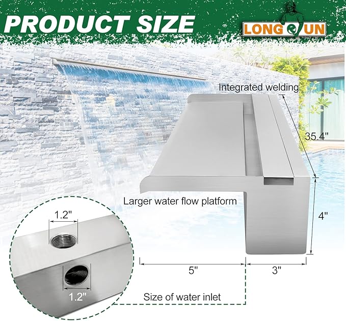 LONGRUN Stainless Steel Waterfall Spillway, APP Control Multi-Color LED Light Outdoor Pool Fountain, Water Spillway Koi Pond Waterfalls Fountains Kit for Garden Patio Swimming Pool Decoration-35.4"