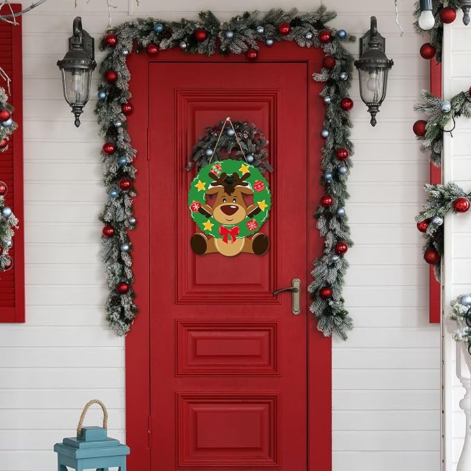 Whaline Christmas Reindeer Wooden Hanging Sign Xmas Cute Reindeer Wreath Welcome Wood Sign Holiday Door Decor Signs for Farmhouse Home Indoor Outdoor Porch Wall Office Decor