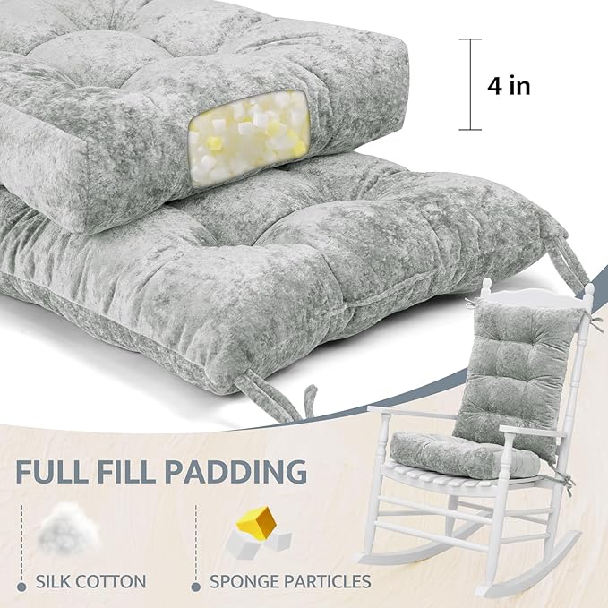 mudilun Rocking Chair Cushion Set - Non-Slip Tufted Rocking Chair Cushions with Ties Soft Indoor/Outdoor Wooden Rocking Chair Seat Pad for Porch Garden Cafe & Nursing
