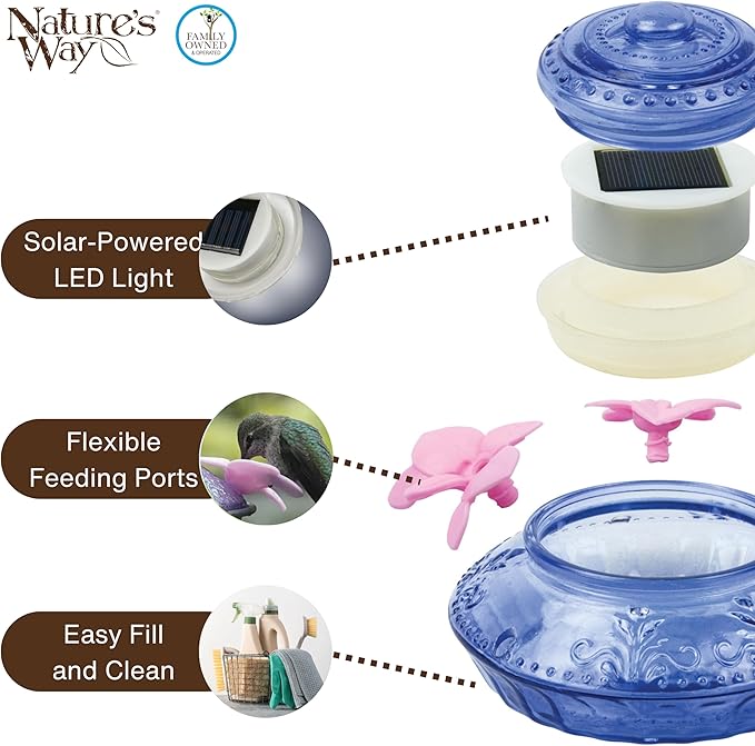 Nature's Way Bird Products ANTHF2-I Illuminated Antique Top-Fill Hummingbird Feeder, Light Blue/Pink
