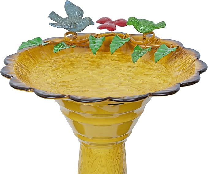 Alpine Corporation ORS112YL Vintage Metal Pedestal Birdbath with Stand, Shallow Bird Bath Bowl for Outside, 28" H, Yellow
