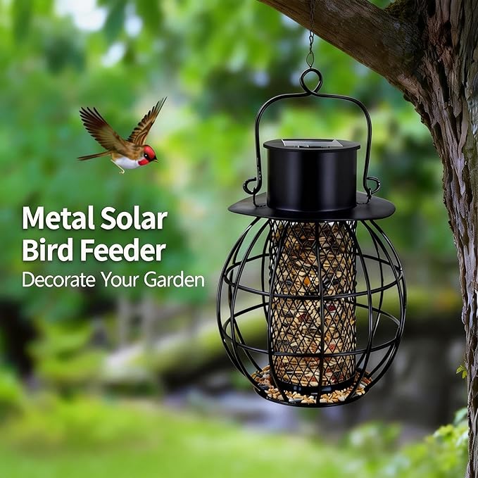 Solar Bird Feeder for Outdoors- Heavy Duty Metal Bird Feeder Squirrel Proof with Lights,Chew-Proof,Outdoor Solar Lantern Feeder for Small Birds, Unique Gifts for Mom, Grandma (Black)