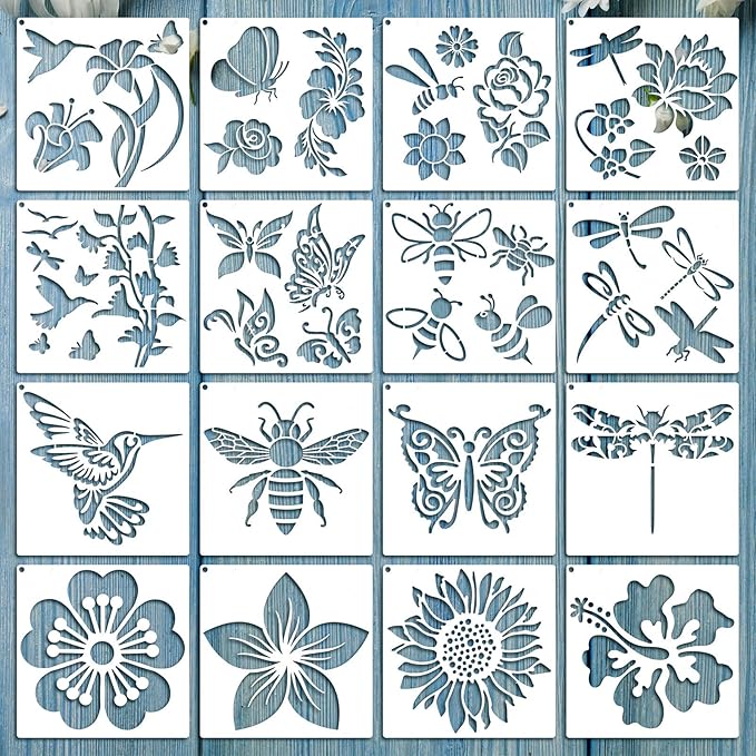 Zonon 16 Pieces Stencils for Painting, Reusable Large Butterfly Hummingbird Sunflower Stencil with Metal Open Ring, DIY Craft Templates for Spring Summer Wood Wall Canvas Home Decor(5.1 x 5.1 Inch)