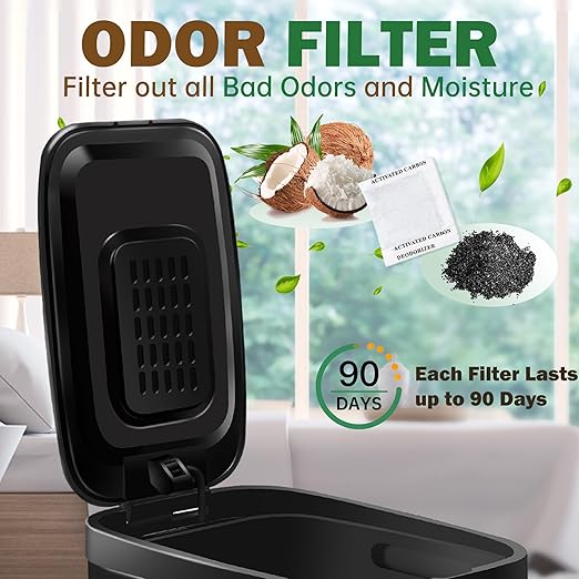 Small Dog Poop Trash Can Outside Soft Close Odor Filter&Step Pedal, 5L/1.3 Gal Stainless Steel Black Bathroom Garbage Can with Lid Inner Bucket,Slim Metal Waste Basket- Bedroom Office Cat Poop