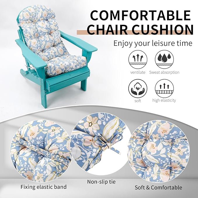 Adirondack Chair Cushions Set of 2, High Back Patio Chair Cushions 48 x 19.7 x 4.7 Inch, Indoor/Outdoor Thickened Rocking Chair Cushion, Fade-Resistant & Waterproof (Flower Blue)