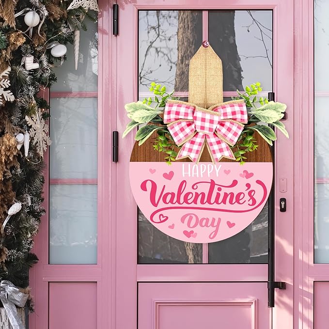 Britimes Happy Valentine’s Day Welcome Door Sign Valentine’s Day Round Wooden Hanging Decorations Pink Romantic Rustic Farmhouse Front Door Sign Wall Art Decor for Home Wedding Outdoor