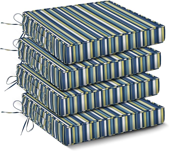 Outdoor Chair Cushions Set of 4,Waterproof Outdoor Seat Cushions for Patio Furniture,Patio Chair Cushion with Handle and Ties, Out Door Chair Pads,17" x 16" x 2", Blue Stripe
