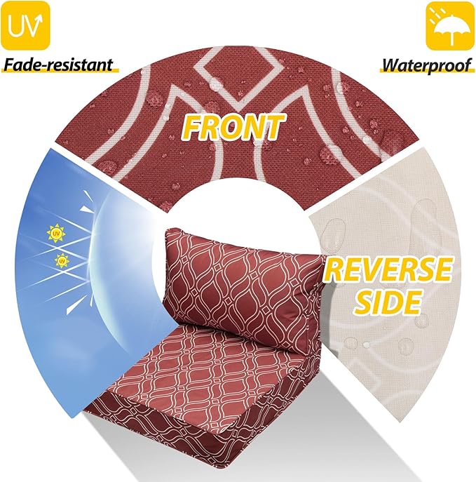AAAAAcessories Outdoor Seat Cushions for Chairs, Fade-Resistant, Waterproof Patio Furniture Replacement Cushions, 25.5" x 25.5" x 5" + 25.5" x 13.5", Clay Red Vine Trellis