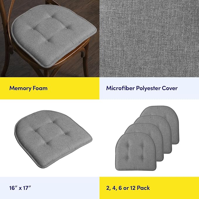 Sweet Home Collection Chair Cushion Memory Foam Pads Tufted Slip Non Skid Rubber Back U-Shaped 17" x 16" Seat Cover, 12 Count (Pack of 1), Grey
