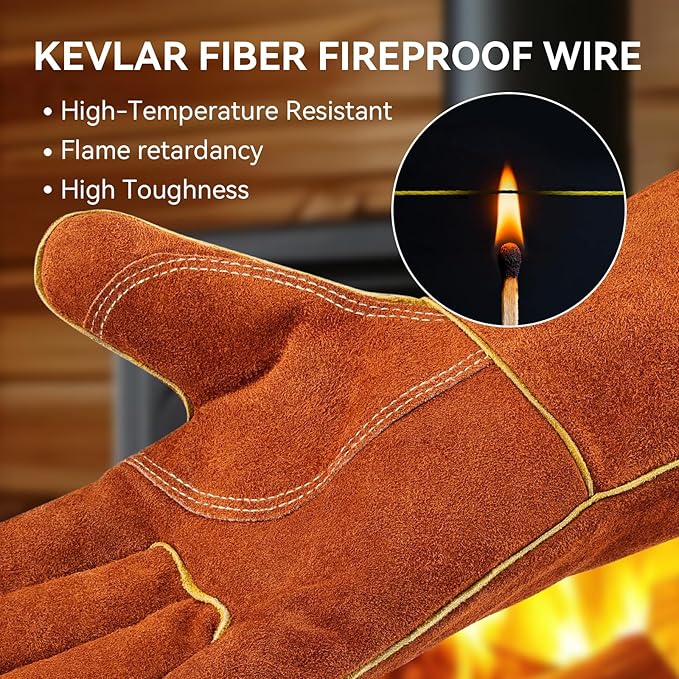 OZERO Welding Gloves for Men, 14-Inch Cowhide Leather Heat Resistant Work Gloves, EN388 EN407 EN12477 Type A Certified, Reinforced Palm, Insulated Lining, Long Cuff for BBQ Grill Oven, Brown