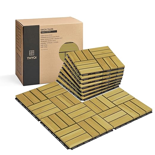 10 Pcs Deck Tiles, Patio Flooring - Outdoor Waterproof Acacia Wood Tiles for All Weather Use - Balcony, Backyard, Indoor & Outdoor (SweetGrass, 10 Square Ft)