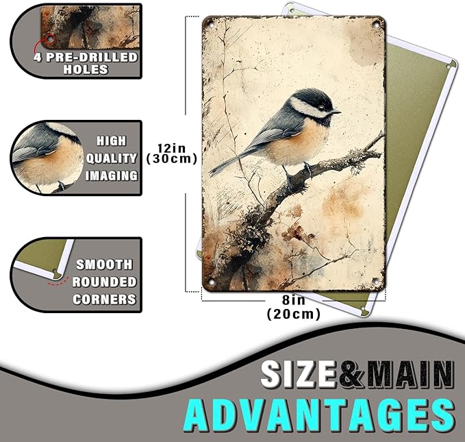 PEACHGARDEN Chickadee Bird Wall Decor Chickadee Wildlife Vintage Metal Sign Wall Art Decor for Home Living Room Kitchen Garden Bedroom Office Hotel Cafe And Pub Decoration 8x12inch