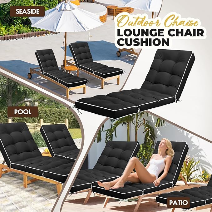 Outdoor Chaise Lounge Chair Cushion, Waterproof Non-Slip Patio Chaise Lounge Cushions for Outdoor Furniture, Thickened Patio Pool Lounger Chair Cushion, 76.4 x 22.8 x 4.7 Inches, Black