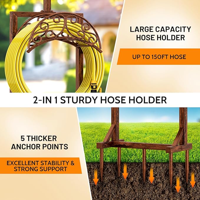 Garden Hose Holder - Upgraded Water Hose Holders for Outside with 5 Spikes & 2 Shepherds Hooks, Freestanding Hose Stand Hose Hanger Hose Storage Hose Reel Rack for Yard Lawn(Antique Bronze)