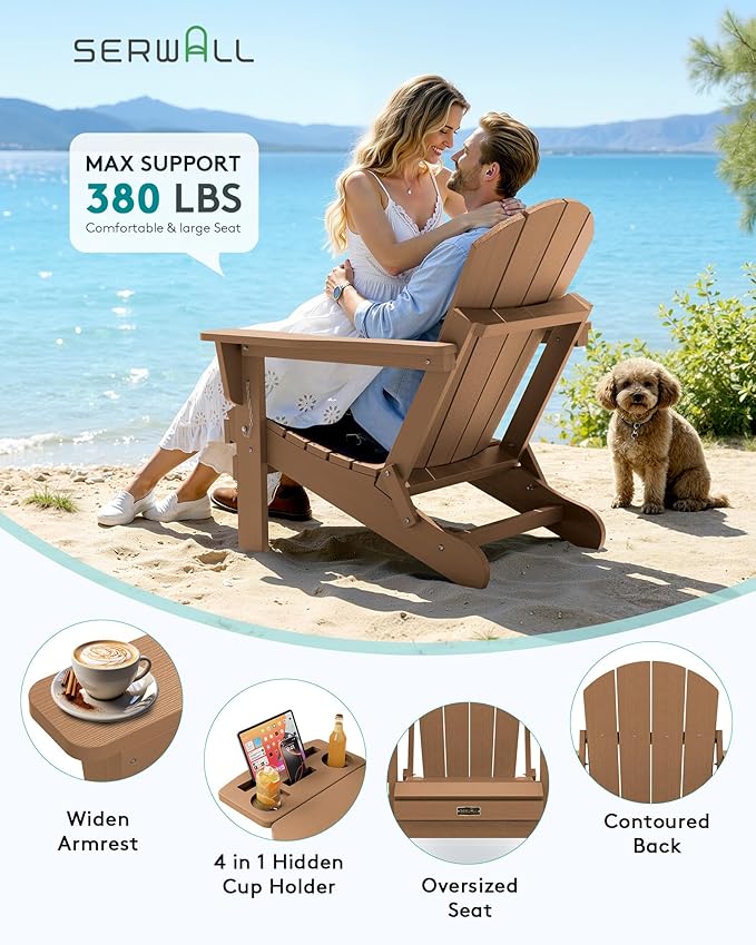 SERWALL Folding Adirondack Chair, Adirondack Chairs with 4 in 1 Multi-Functional Cup Holder, Wood-Like Patio Chair, Lawn Chairs, Weather Resistant HIPS Plastic Fire Pit Chair for Garden, Backyard