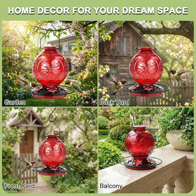 Glass Hummingbird Feeder for Outdoors Hanging, 25Oz Humming Bird Nectar Feeders with Perch & 5 Flower Feeding Ports, Leak Proof for Outside Garden Decor, Gifts for Women (Red)