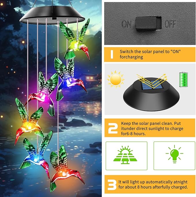 Hummingbird Solar Wind Chimes, Hummingbird Wind Chimes for Outside,Best Gifts for Mom Grandma Women Wife Aunt Sister, Unique Mobile Wind Chime, Garden Yard Decor Green
