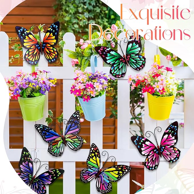 Jetec 8 Pcs Metal Butterfly Wall Decor 6.5 Inch Outdoor Butterflies Wall Art Sculpture 3D Butterfly Hanging Decoration for Spring Outside Fence Garden Yard Home Patio Balcony(Cute Style)