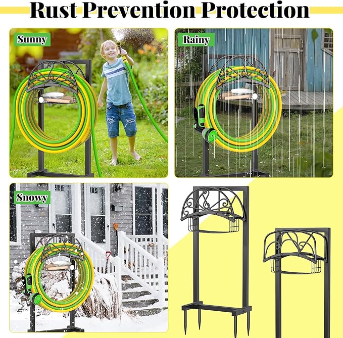 Garden Hose Holder,Heavy Duty Freestanding Detachable Storage Reel Stand,Upgraded 4 Spikes Hose Hanger for Outside Yard Lawn (Floral with Storage Basket)